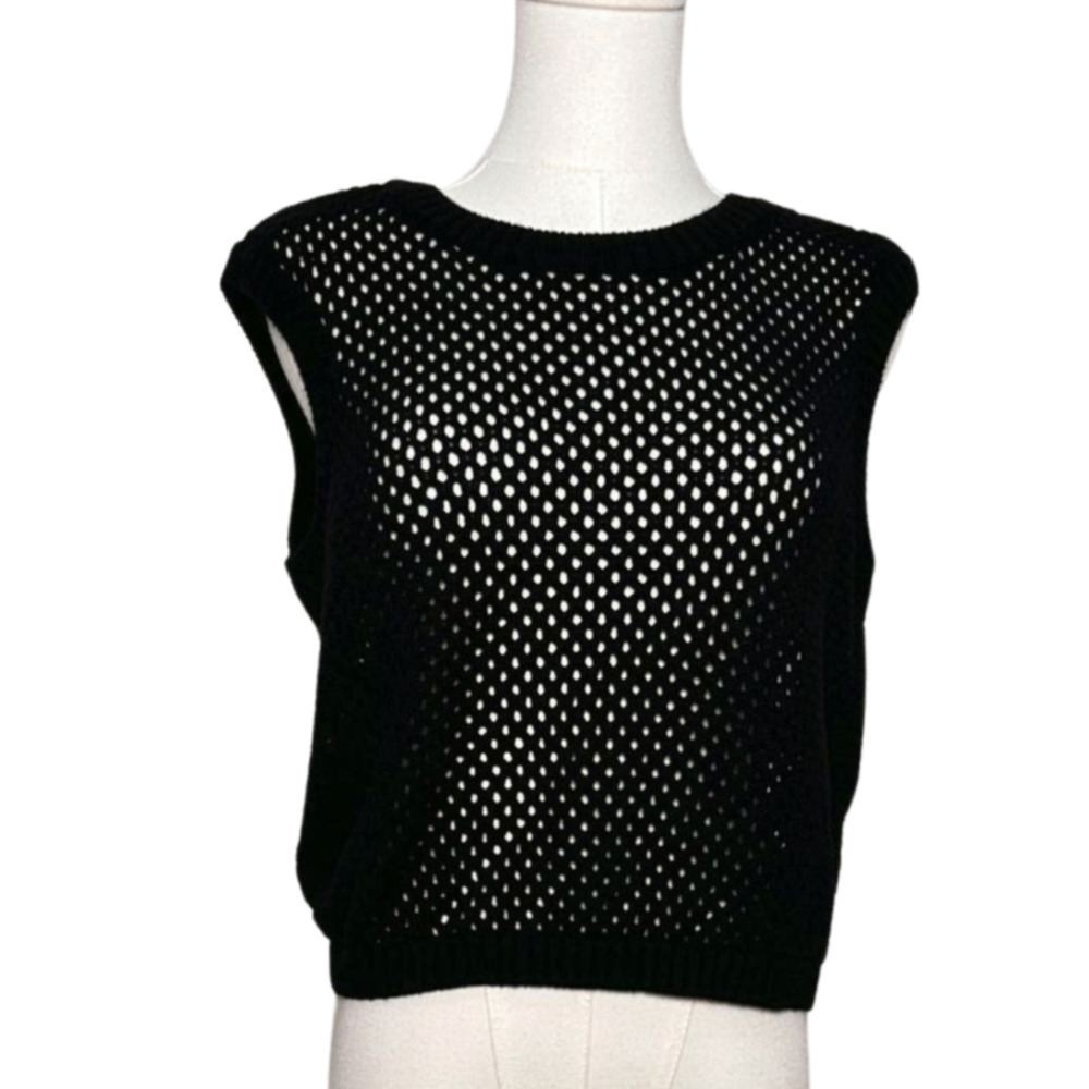 Abound Black Cotton Fisherman Open Knit Sleeveless Sweater Vest Large